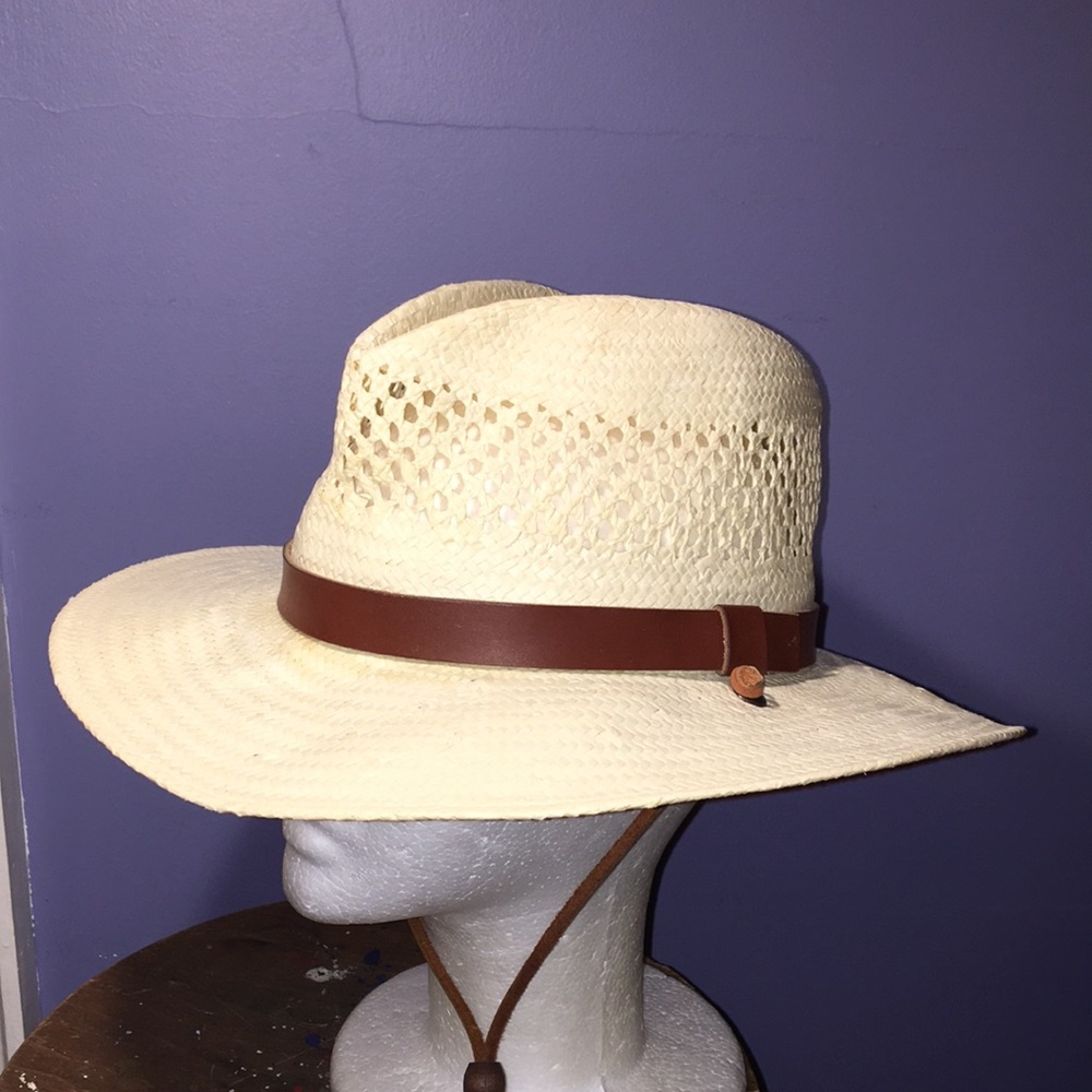Scala wide brim Panama natural paper straw hat leather trim vented crown med cap